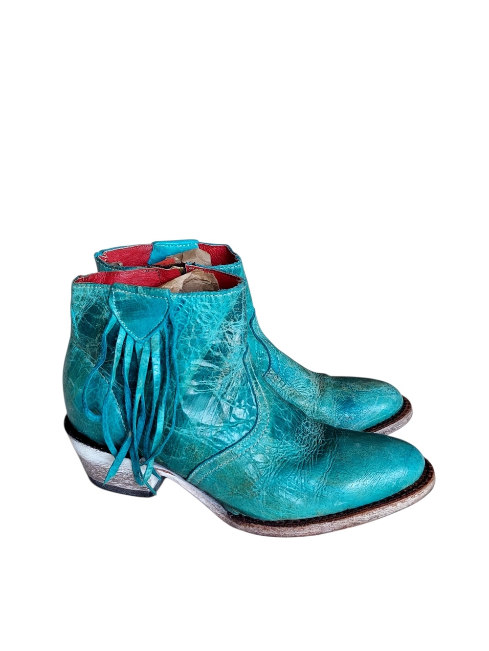 Ferrini Turquoise Teal Leather Fringe Western Ankle Boots 6.5 Coastal Cowgirl - Picture 3 of 12